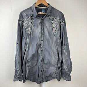 Roar Buckle Superiority Shirt Gray Embroidered Button Up Long Sleeve Y2K Men XXL